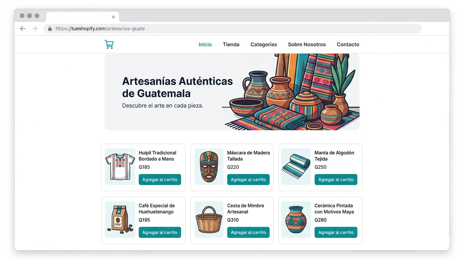 Ejemplo de tienda en línea de artesanías guatemaltecas con catálogo de productos y precios en quetzales, mostrado dentro de una ventana de navegador