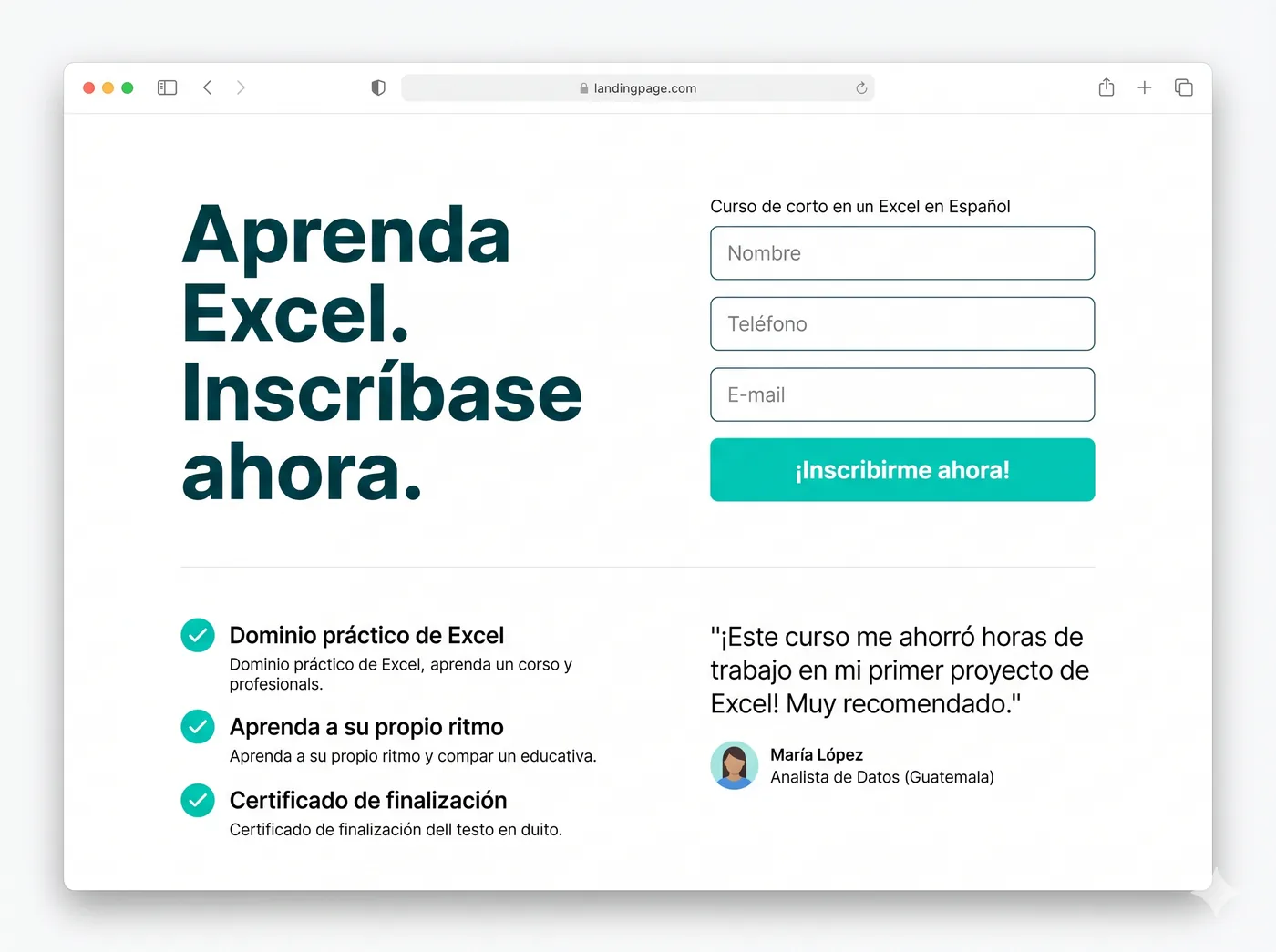Ejemplo de landing page de conversión con titular, formulario de inscripción y testimonios de clientes